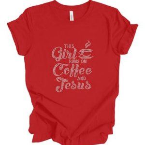 Ladies Red Cherry Med Rhinestone V-Neck T-shirt. This girl runs Coffee & Jesus